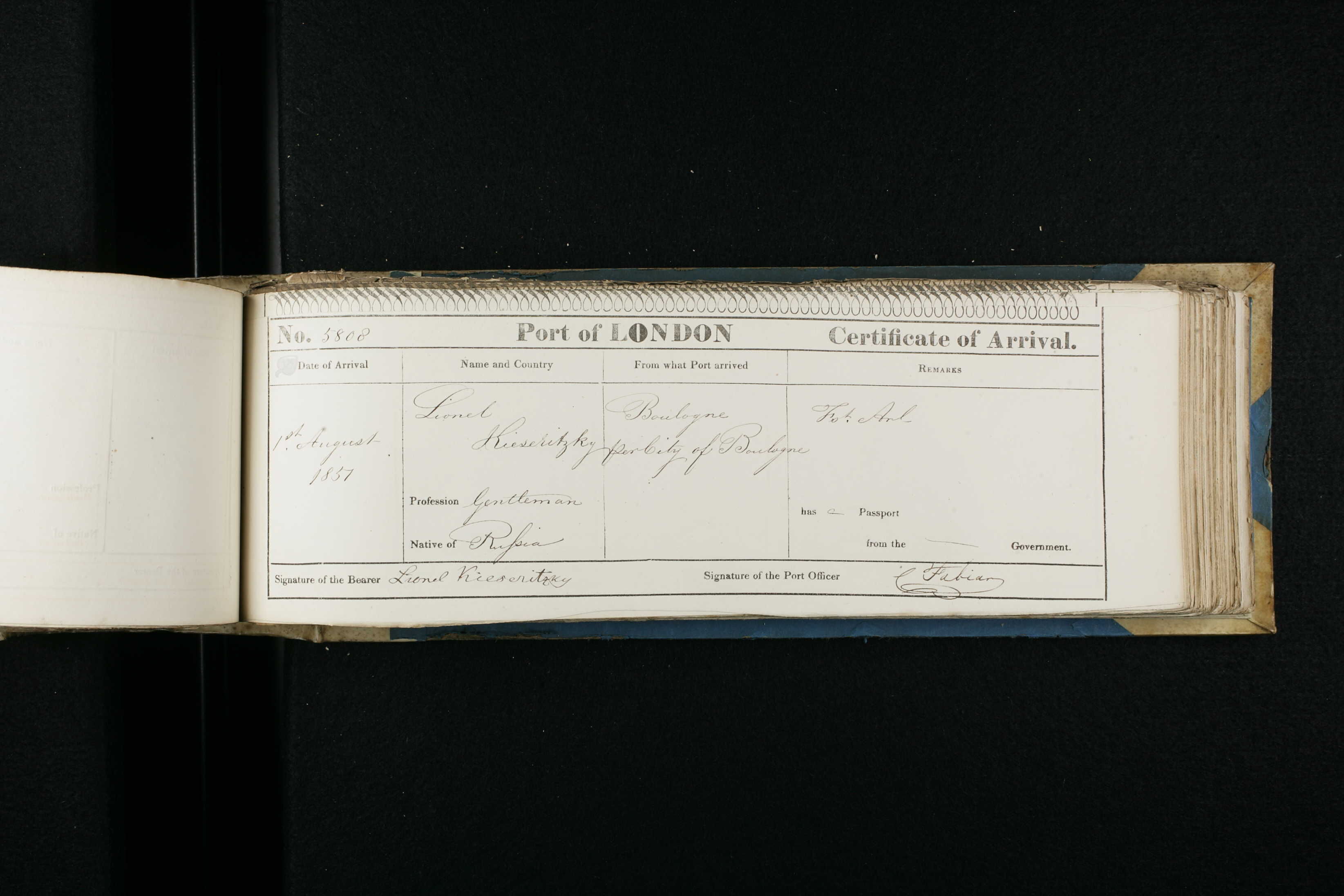 Certificate of arrival in England