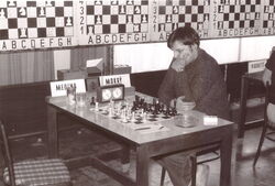Karel Mokrý during his game with Eduard Meduna at the Réti Memorial in Trnava, 1984.