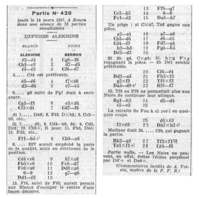 Game between Alexandre Alekhine and Marcel Berman, ending in a draw, “Journal de Rouen” March 27, 1937