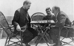 Alexander Bogdanov and Vladimir Lenin playing chess during a visit to Maxim Gorky in Capri, Italy (1908)