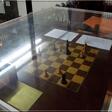 On the gallery of the new "Sala Fischer": The chess table of the candidates final 1971 Fischer - Petrosian