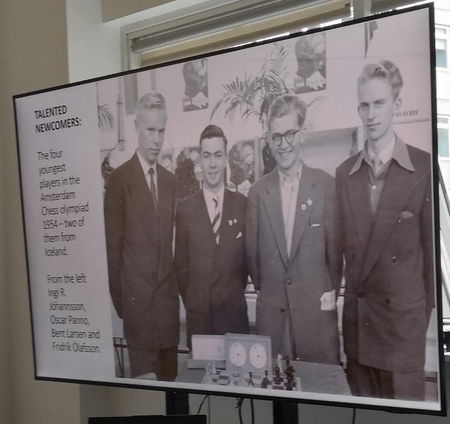 The four youngest players at the 1954 Chess Olympiad in Amsterdam, two of whom were from Iceland: Ingi R. Johansson (1936–2010), Oscar Panno (born 1935), Bent Larsen (1935–2010) and Fridrik Olafsson (1935–2025).