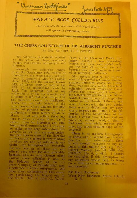 The Chess Collection of Dr. Albrecht Buschke