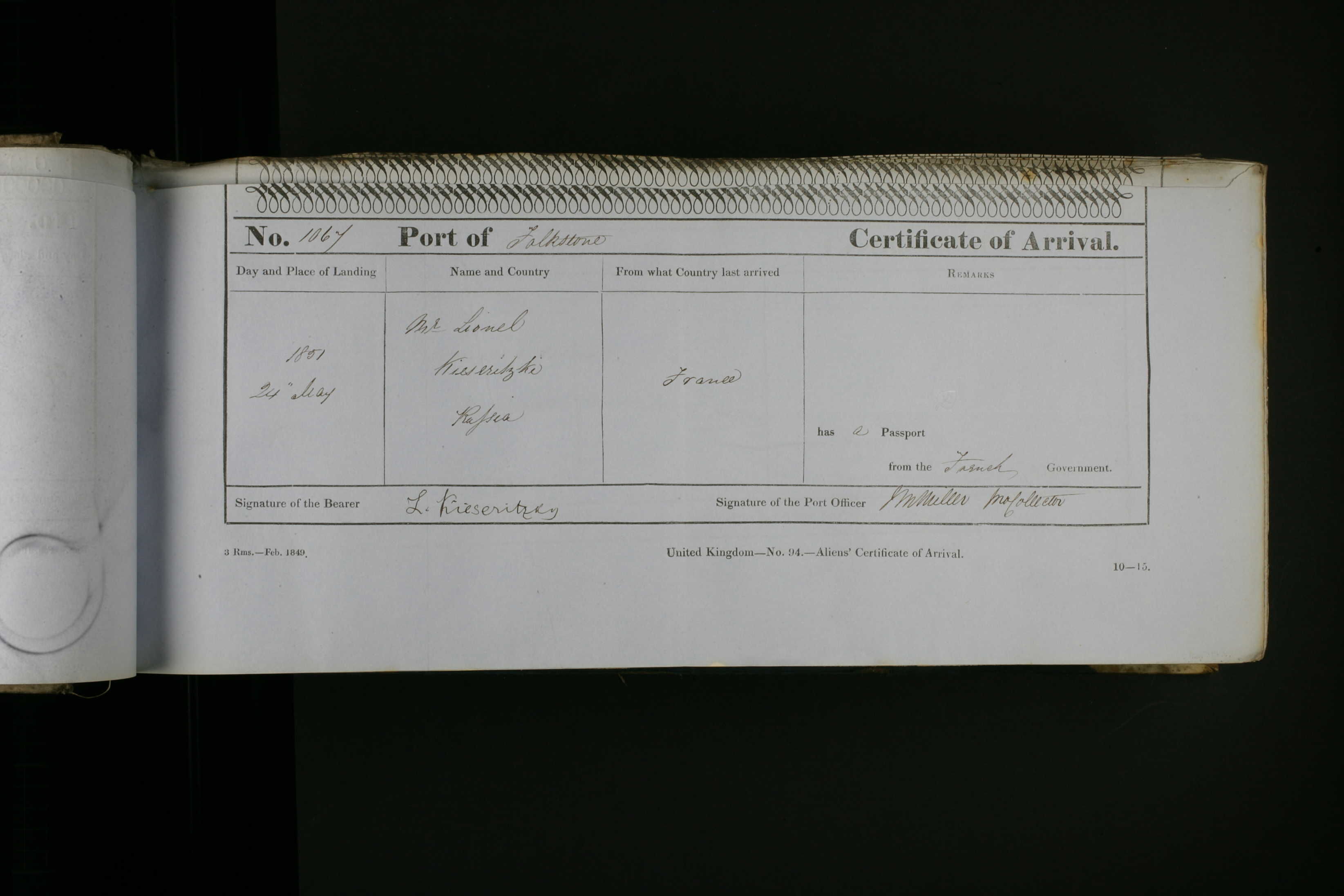 Certificate of arrival in England