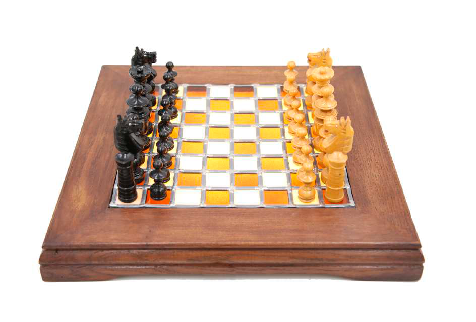 Stained glass luminescent chessboard with a frame in oak