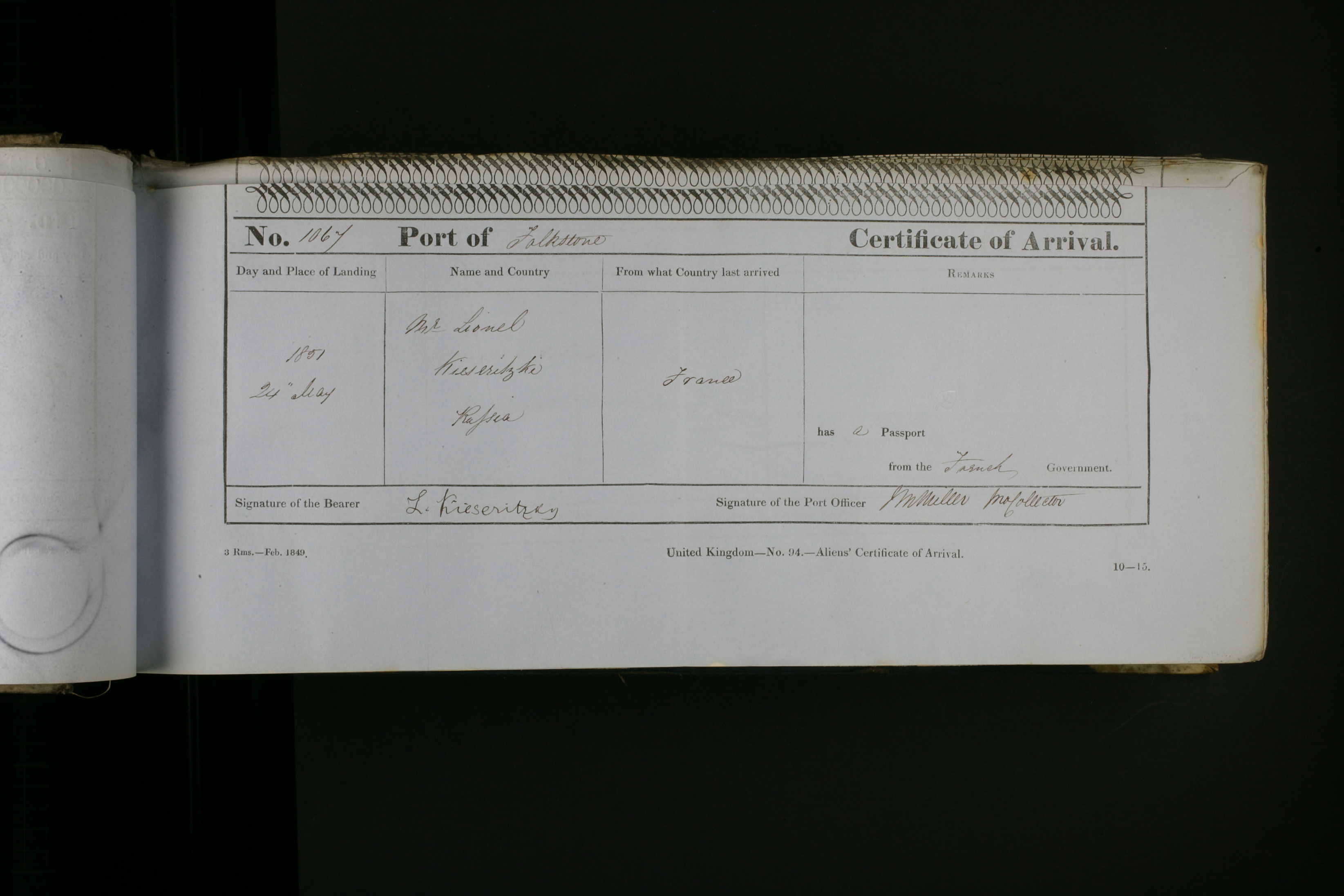 Certificate of arrival in England